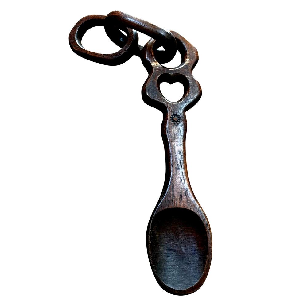 Welsh Celtic carved wood love wedding marriage spoon dark wood rings wall decor